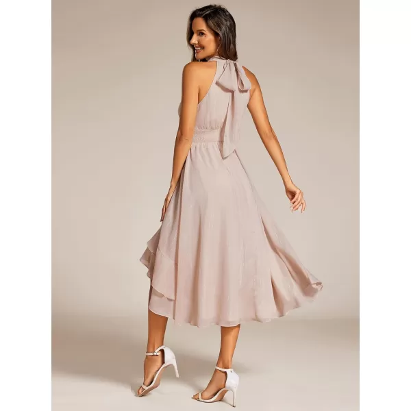 EverPretty Womens Halterneck Elastic Waist Glitter High Low Summer Wedding Guest Dress with Layered Ruffles 31977Champagne