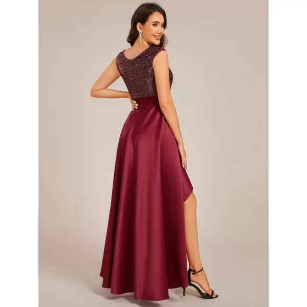 EverPretty Womens Round Neck Sleeveless Glitter Evening Dresses A Line High Low Formal Dresses 03667Burgundy