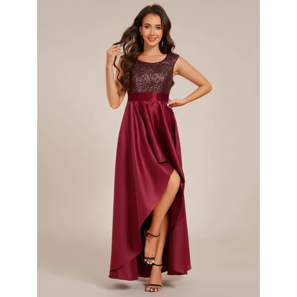 EverPretty Womens Round Neck Sleeveless Glitter Evening Dresses A Line High Low Formal Dresses 03667Burgundy