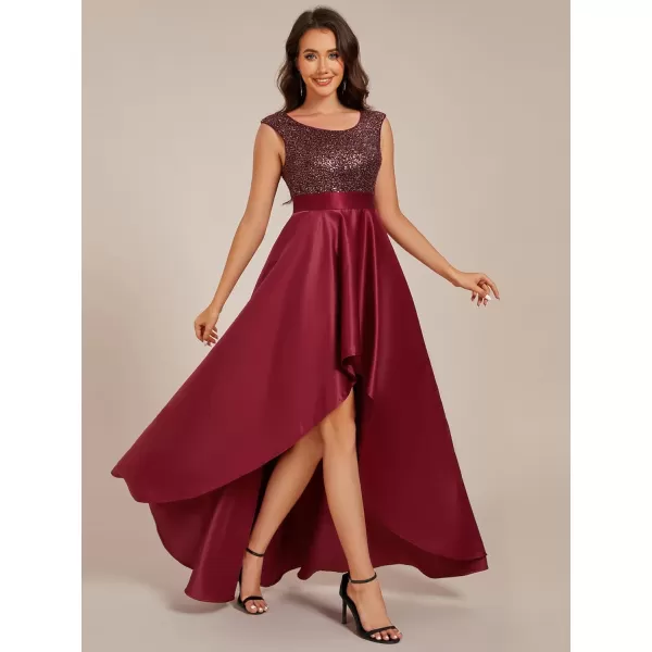 EverPretty Womens Round Neck Sleeveless Glitter Evening Dresses A Line High Low Formal Dresses 03667Burgundy