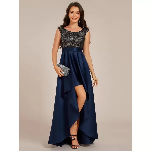 EverPretty Womens Round Neck Sleeveless Glitter Evening Dresses A Line High Low Formal Dresses 03667Navy Blue