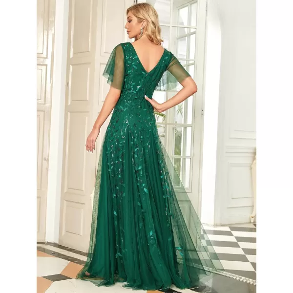 EverPretty Womens Sequin Sparkly VNeck Short Sleeve Maxi Evening Dress 00734Green