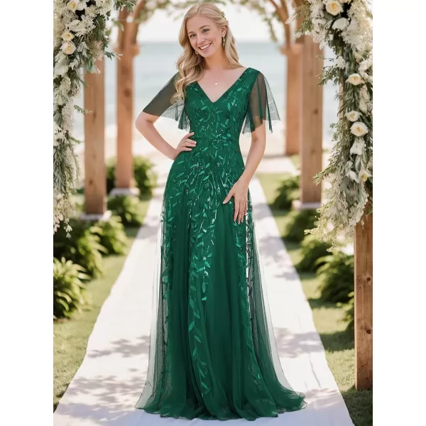 EverPretty Womens Sequin Sparkly VNeck Short Sleeve Maxi Evening Dress 00734Green