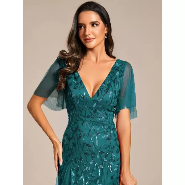 EverPretty Womens Sequin Sparkly VNeck Short Sleeve Maxi Evening Dress 00734Teal