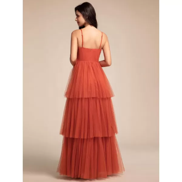 EverPretty Womens Sexy V Neck Spaghetti Straps Empire Waist Pleated Layered Tulle Bridesmaid Dresses 02219Burnt Orange