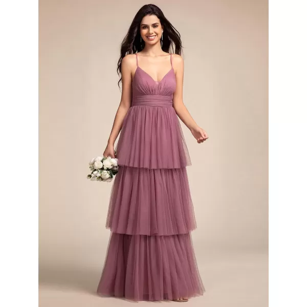 EverPretty Womens Sexy V Neck Spaghetti Straps Empire Waist Pleated Layered Tulle Bridesmaid Dresses 02219Orchid