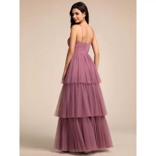 EverPretty Womens Sexy V Neck Spaghetti Straps Empire Waist Pleated Layered Tulle Bridesmaid Dresses 02219Orchid