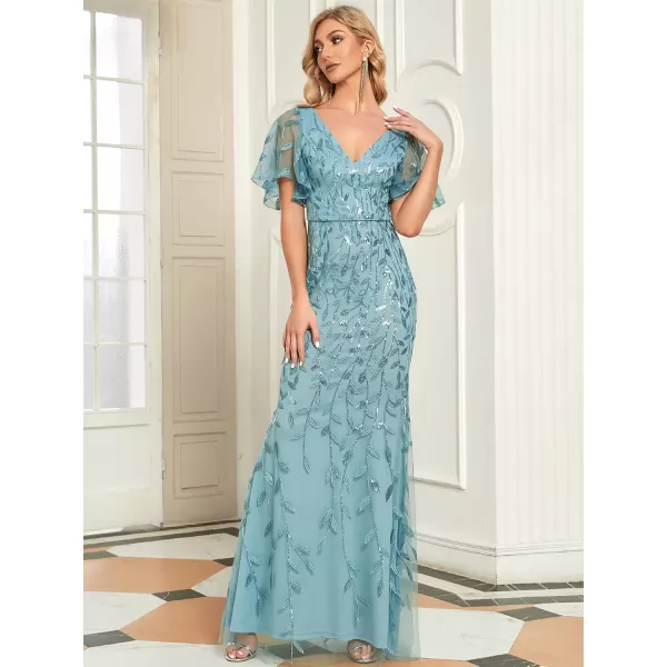 EverPretty Womens Summer Dresses Ruffles Sleeves Sequin Embroidery Evening Mother of The Bride Dress 00692Demin Blue