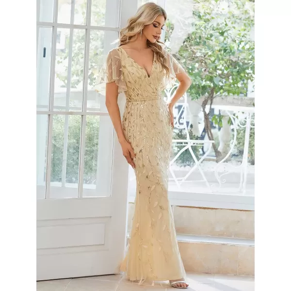 EverPretty Womens Summer Dresses Ruffles Sleeves Sequin Embroidery Evening Mother of The Bride Dress 00692Gold
