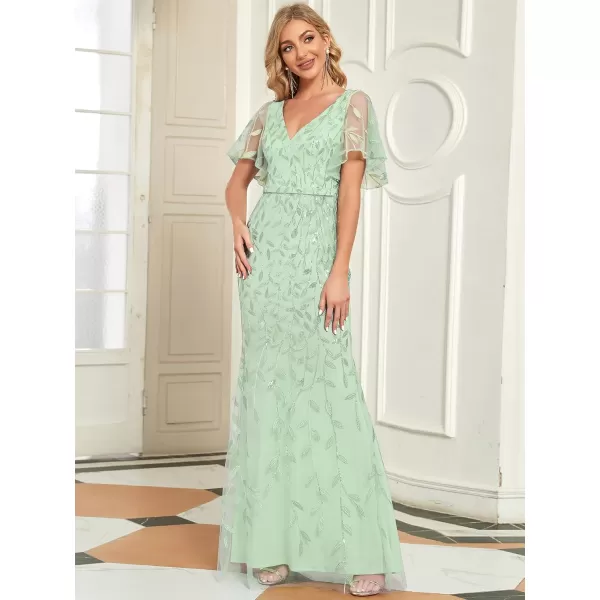 EverPretty Womens Summer Dresses Ruffles Sleeves Sequin Embroidery Evening Mother of The Bride Dress 00692Mint Green