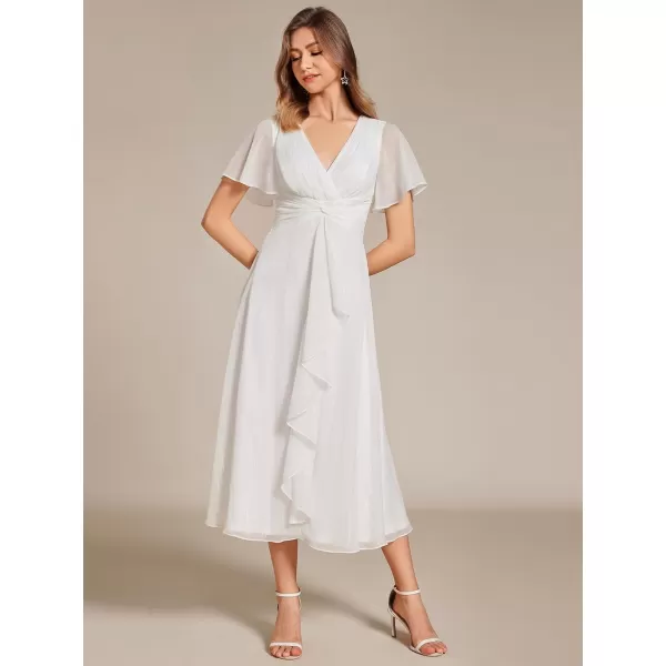 EverPretty Womens Summer Glitter Knot Waist V Neck Ruffles Sleeves Pleated Wedding Guest Dress 02131Cream