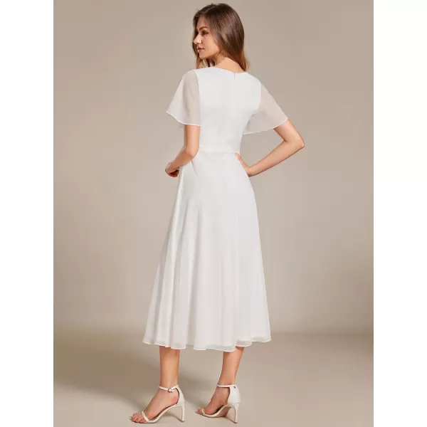 EverPretty Womens Summer Glitter Knot Waist V Neck Ruffles Sleeves Pleated Wedding Guest Dress 02131Cream