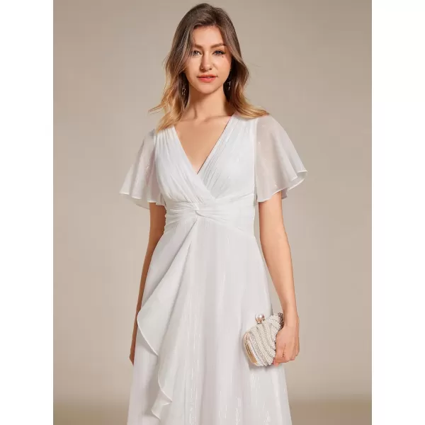 EverPretty Womens Summer Glitter Knot Waist V Neck Ruffles Sleeves Pleated Wedding Guest Dress 02131Cream