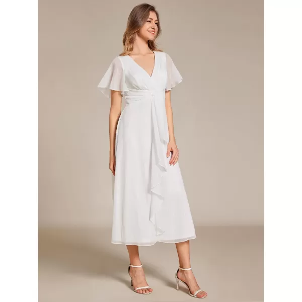 EverPretty Womens Summer Glitter Knot Waist V Neck Ruffles Sleeves Pleated Wedding Guest Dress 02131Cream