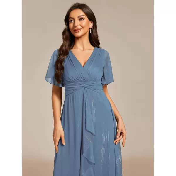 EverPretty Womens Summer Glitter Knot Waist V Neck Ruffles Sleeves Pleated Wedding Guest Dress 02131Dusty Navy