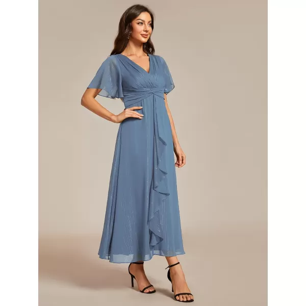 EverPretty Womens Summer Glitter Knot Waist V Neck Ruffles Sleeves Pleated Wedding Guest Dress 02131Dusty Navy