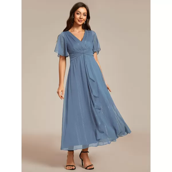 EverPretty Womens Summer Glitter Knot Waist V Neck Ruffles Sleeves Pleated Wedding Guest Dress 02131Dusty Navy