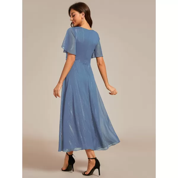 EverPretty Womens Summer Glitter Knot Waist V Neck Ruffles Sleeves Pleated Wedding Guest Dress 02131Dusty Navy
