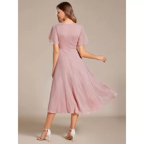 EverPretty Womens Summer Glitter Knot Waist V Neck Ruffles Sleeves Pleated Wedding Guest Dress 02131Dusty Rose