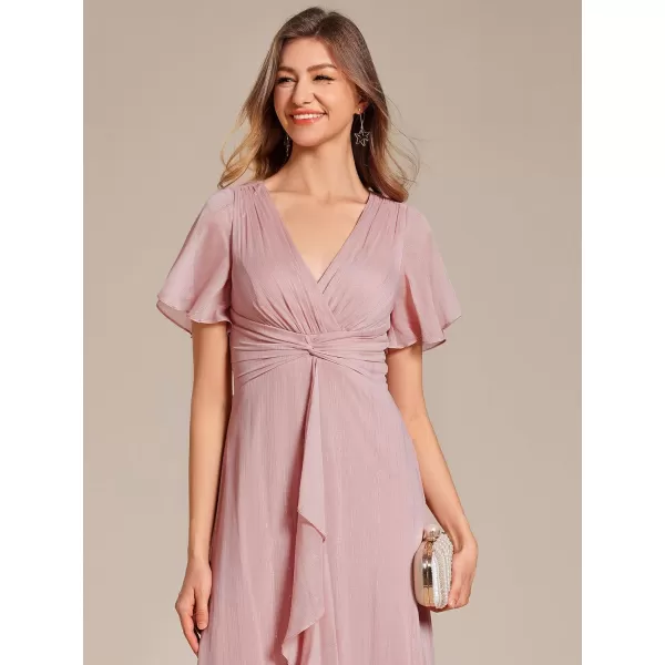 EverPretty Womens Summer Glitter Knot Waist V Neck Ruffles Sleeves Pleated Wedding Guest Dress 02131Dusty Rose