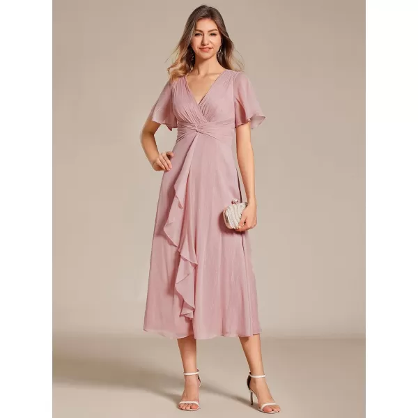 EverPretty Womens Summer Glitter Knot Waist V Neck Ruffles Sleeves Pleated Wedding Guest Dress 02131Dusty Rose