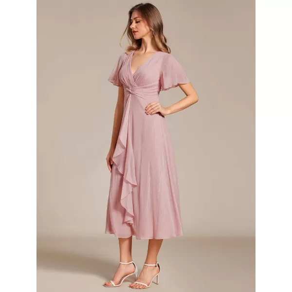 EverPretty Womens Summer Glitter Knot Waist V Neck Ruffles Sleeves Pleated Wedding Guest Dress 02131Dusty Rose