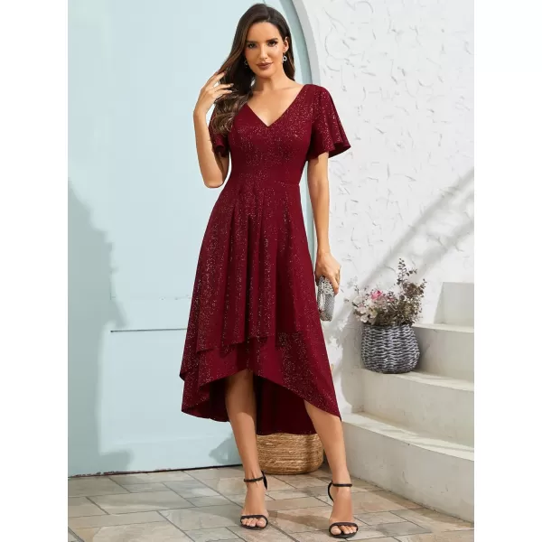 EverPretty Womens Wedding Guest Dress Double V Neck Ruffle Sleeves High Low Glitter Midi Semi Formal Dresses 71926Burgundy