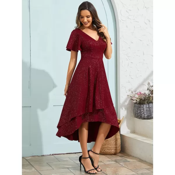 EverPretty Womens Wedding Guest Dress Double V Neck Ruffle Sleeves High Low Glitter Midi Semi Formal Dresses 71926Burgundy