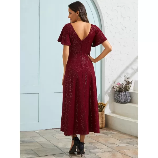 EverPretty Womens Wedding Guest Dress Double V Neck Ruffle Sleeves High Low Glitter Midi Semi Formal Dresses 71926Burgundy