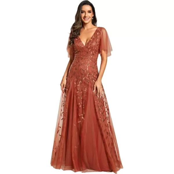 EverPretty Womens Sequin Sparkly VNeck Short Sleeve Maxi Evening Dress 00734Burnt Orange