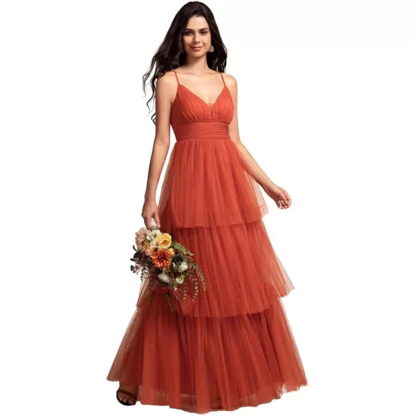 EverPretty Womens Sexy V Neck Spaghetti Straps Empire Waist Pleated Layered Tulle Bridesmaid Dresses 02219Burnt Orange