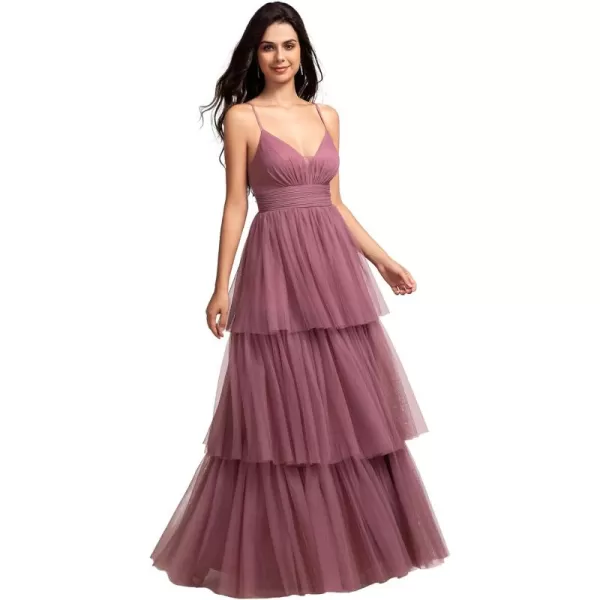 EverPretty Womens Sexy V Neck Spaghetti Straps Empire Waist Pleated Layered Tulle Bridesmaid Dresses 02219Orchid