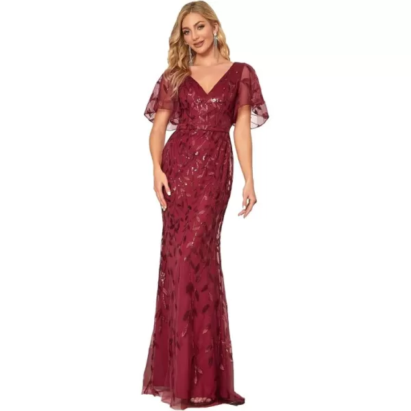 EverPretty Womens Summer Dresses Ruffles Sleeves Sequin Embroidery Evening Mother of The Bride Dress 00692Burgundy