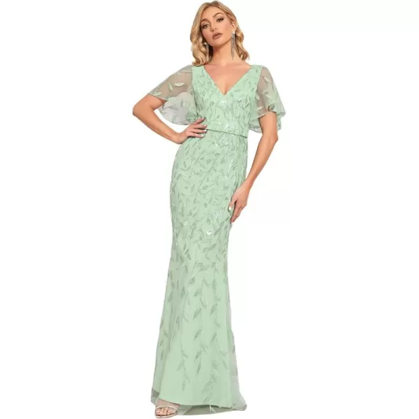 EverPretty Womens Summer Dresses Ruffles Sleeves Sequin Embroidery Evening Mother of The Bride Dress 00692Mint Green