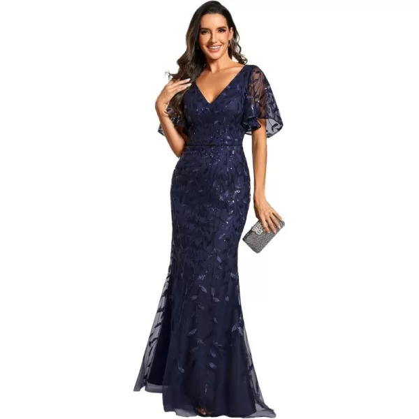 EverPretty Womens Summer Dresses Ruffles Sleeves Sequin Embroidery Evening Mother of The Bride Dress 00692Navy Blue