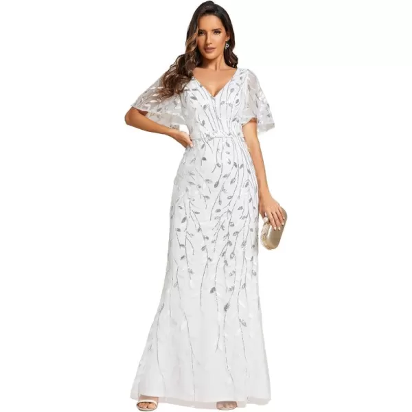 EverPretty Womens Summer Dresses Ruffles Sleeves Sequin Embroidery Evening Mother of The Bride Dress 00692White