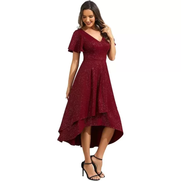 EverPretty Womens Wedding Guest Dress Double V Neck Ruffle Sleeves High Low Glitter Midi Semi Formal Dresses 71926Burgundy