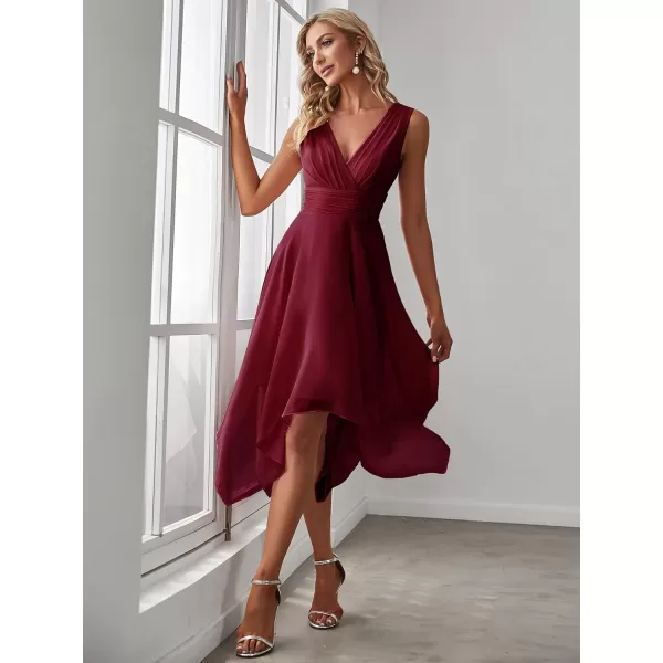 EverPretty Women V Neck Ruched Irregular Hem A Line Chiffon Short Cocktail Dress 03142USBurgundy