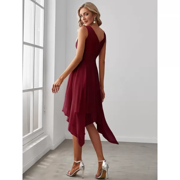 EverPretty Women V Neck Ruched Irregular Hem A Line Chiffon Short Cocktail Dress 03142USBurgundy