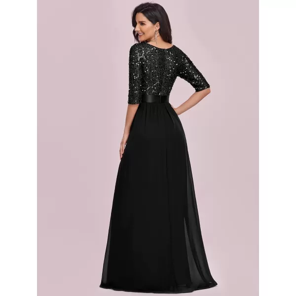 EverPretty Womens A Line Crew Neck Half Sleeve Sequin Maxi Evening Dress 0683Black