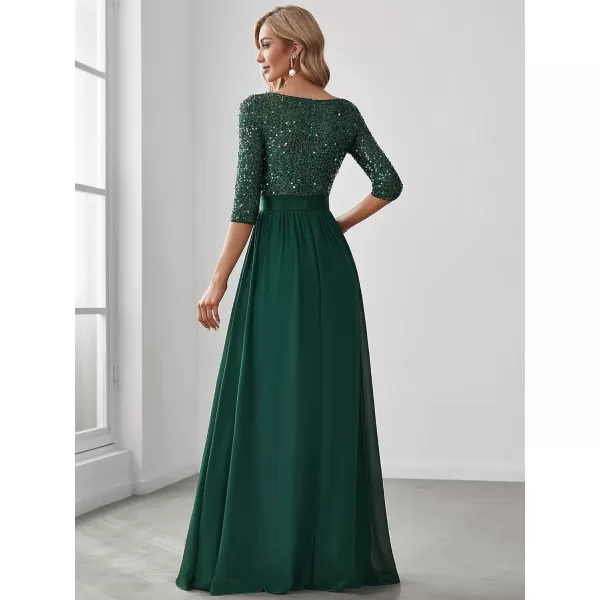 EverPretty Womens A Line Crew Neck Half Sleeve Sequin Maxi Evening Dress 0683Dark Green