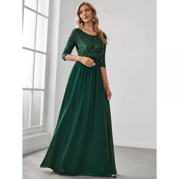 EverPretty Womens A Line Crew Neck Half Sleeve Sequin Maxi Evening Dress 0683Dark Green