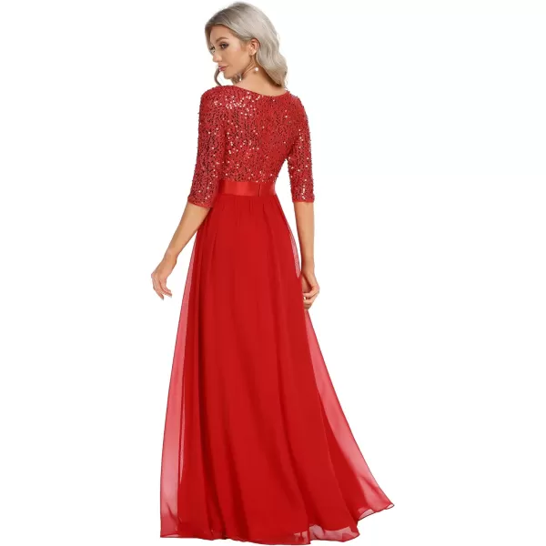 EverPretty Womens A Line Crew Neck Half Sleeve Sequin Maxi Evening Dress 0683Red