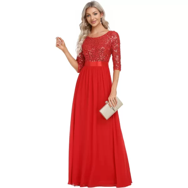 EverPretty Womens A Line Crew Neck Half Sleeve Sequin Maxi Evening Dress 0683Red