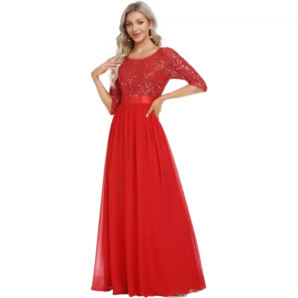 EverPretty Womens A Line Crew Neck Half Sleeve Sequin Maxi Evening Dress 0683Red