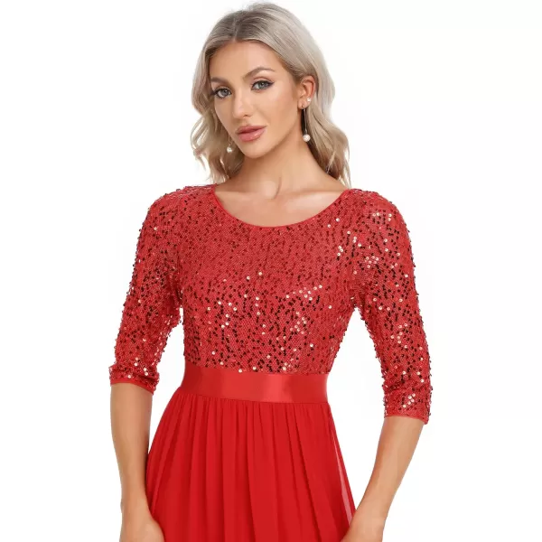 EverPretty Womens A Line Crew Neck Half Sleeve Sequin Maxi Evening Dress 0683Red
