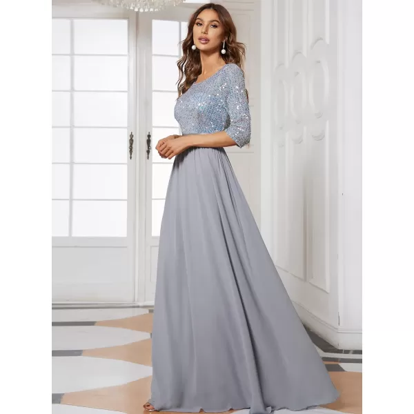 EverPretty Womens A Line Crew Neck Half Sleeve Sequin Maxi Evening Dress 0683Silver