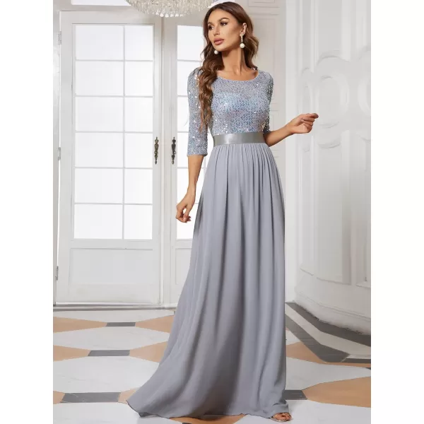 EverPretty Womens A Line Crew Neck Half Sleeve Sequin Maxi Evening Dress 0683Silver