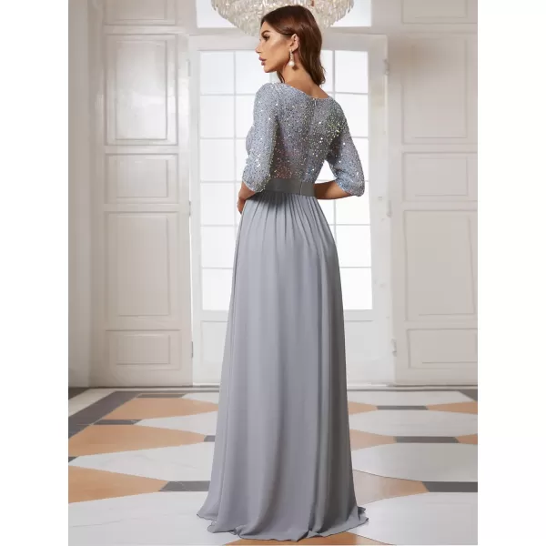 EverPretty Womens A Line Crew Neck Half Sleeve Sequin Maxi Evening Dress 0683Silver