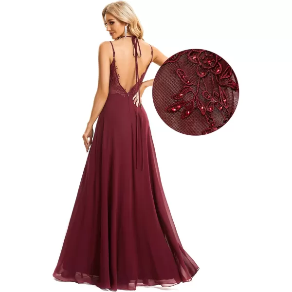 EverPretty Womens Chiffon Ruched V Neck Sleeveless Appliques Spaghetti Strap Backless ALine Bridesmaid Dresses 01692Burgundy